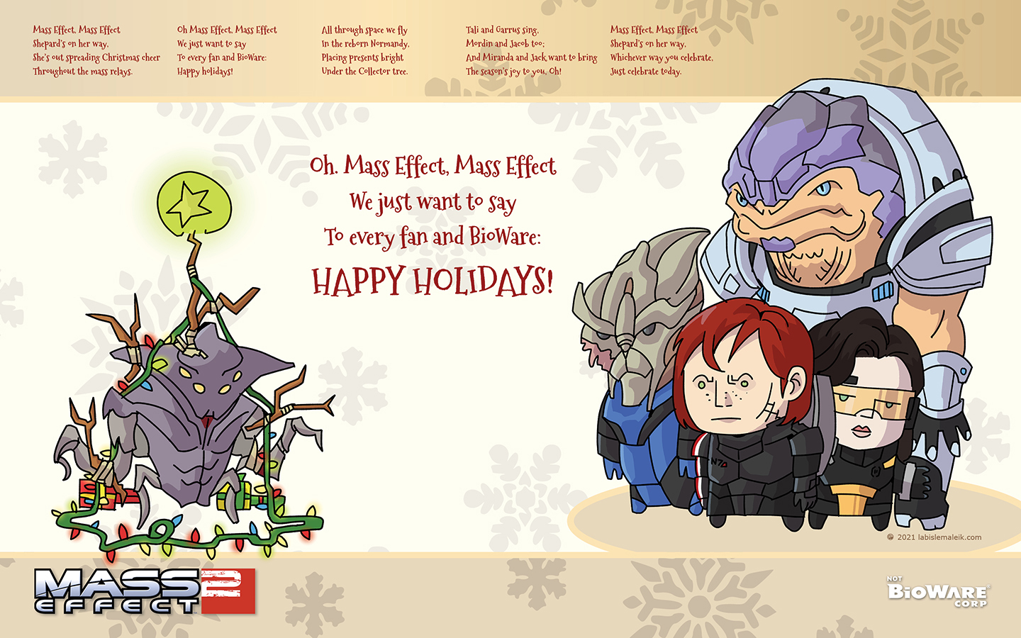 Preview of a Mass Effect Wallpaper featuring Grunt, Garrus, Shepard, Miranda and the Collector General pelted with holiday lights