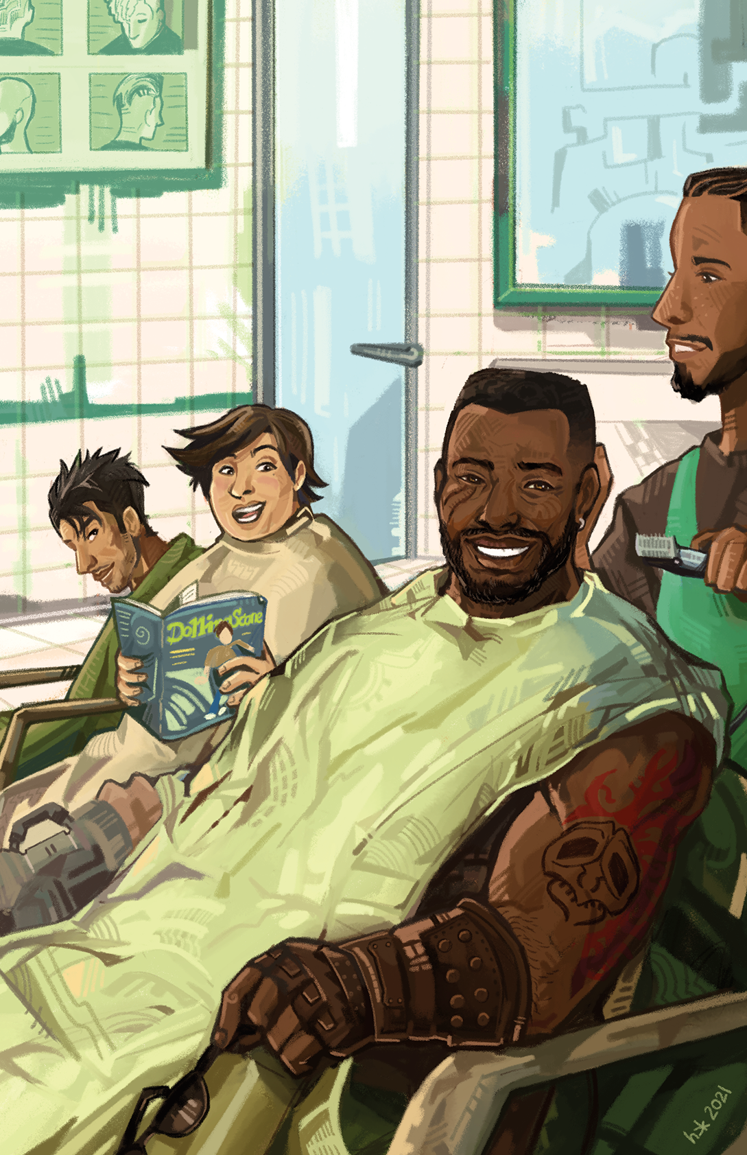 Barret Wallace laughs with Biggs and Wedge while getting their haircuts in a barbershop