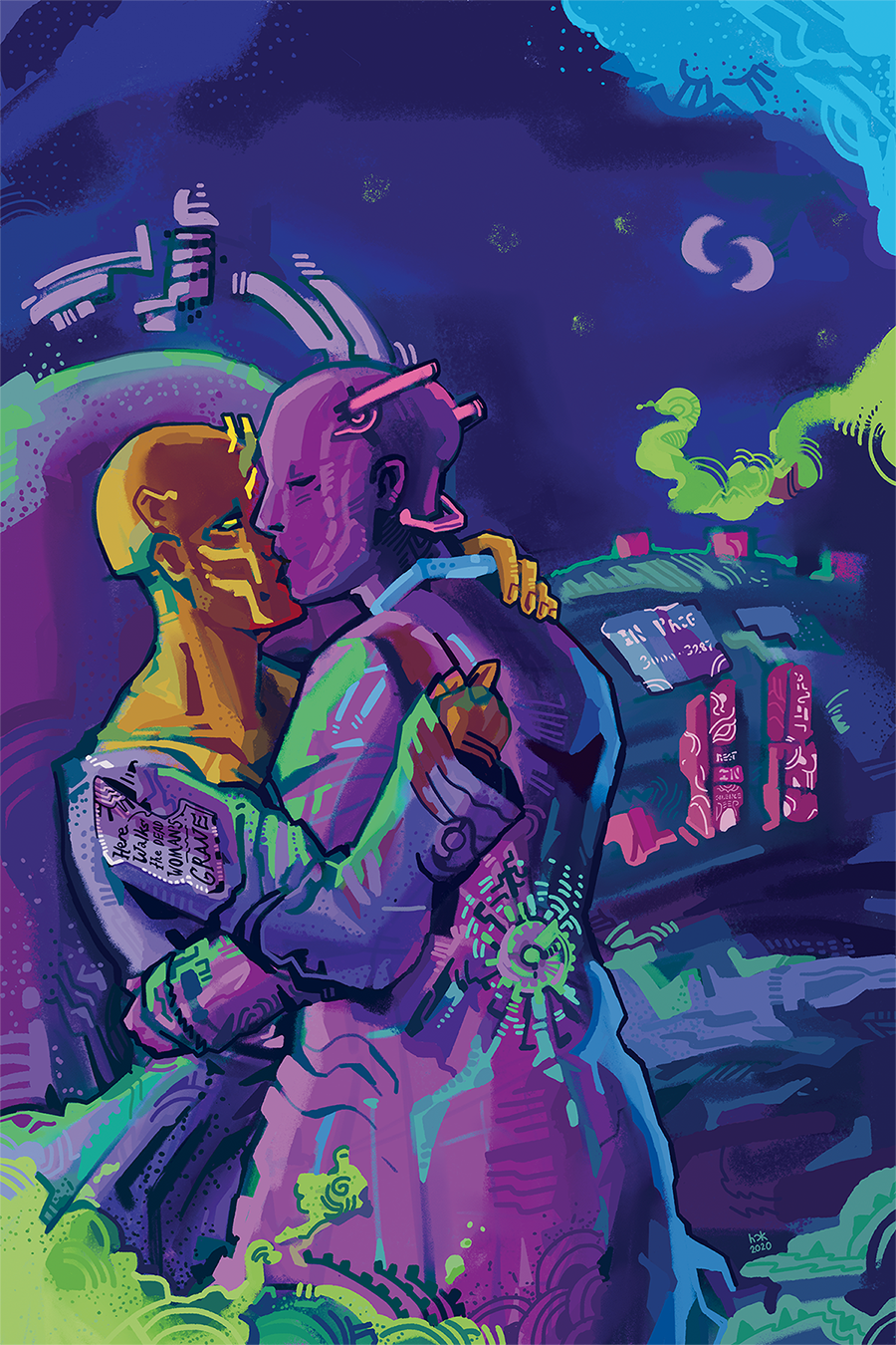 Two bald and woman-like robots kiss in a neon cemetery