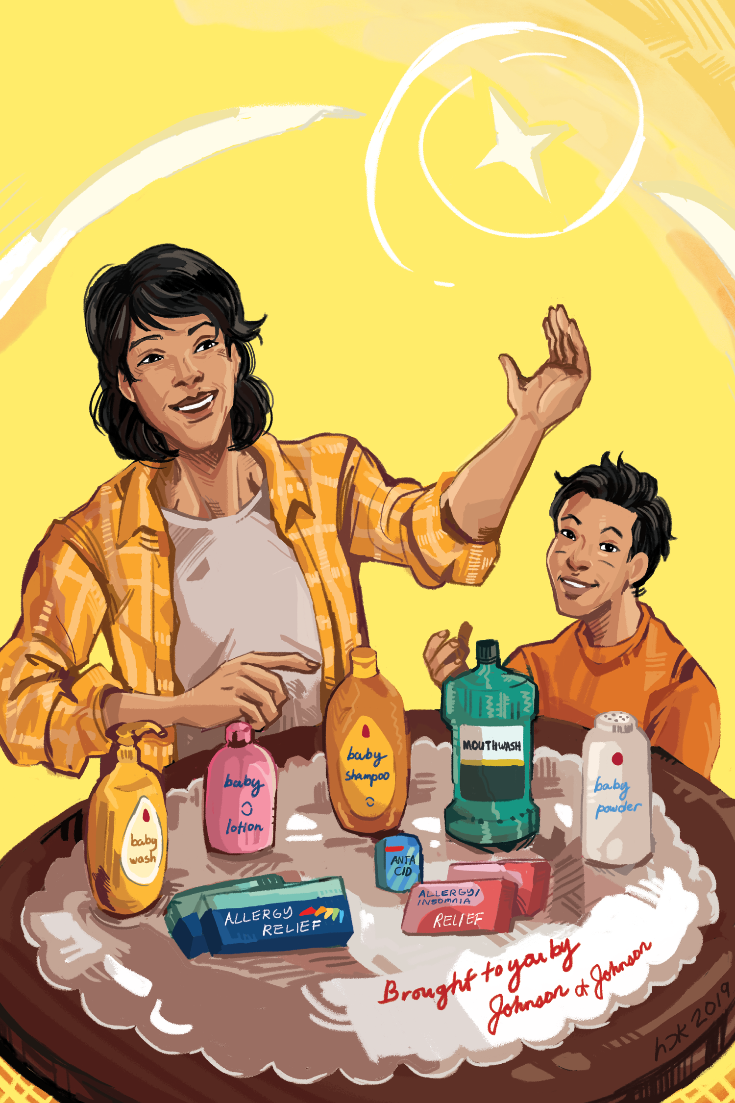 An Asian woman and her son in modern times present a bunch of J and J products on a table like a vintage ad