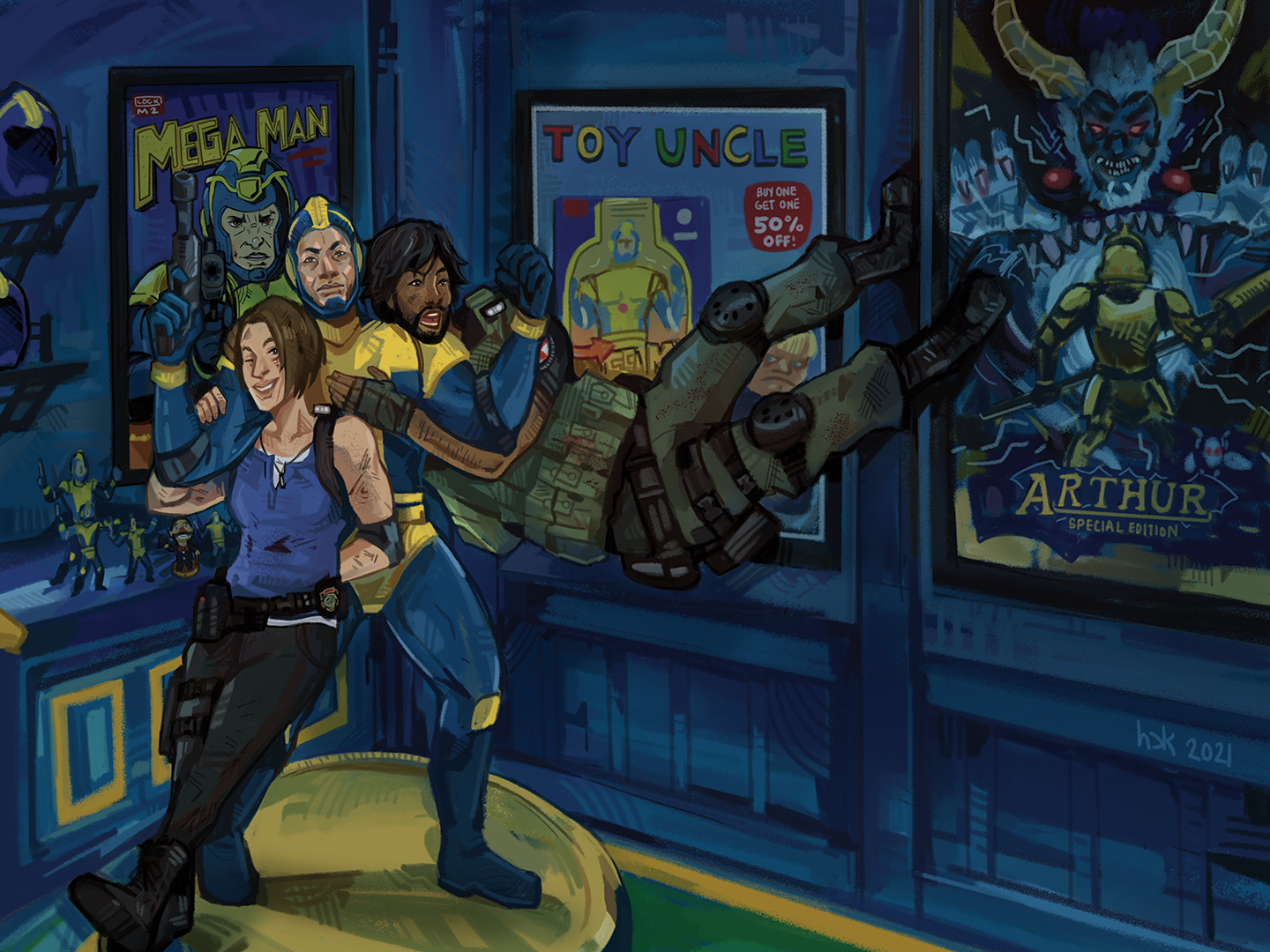 Jill Valentine and Carlos Oliveira goofing and posing around Mega Man in an abandoned Toy Uncle