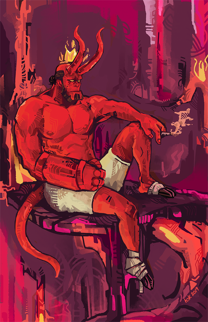 Hellboy smoking on a cliff in hell