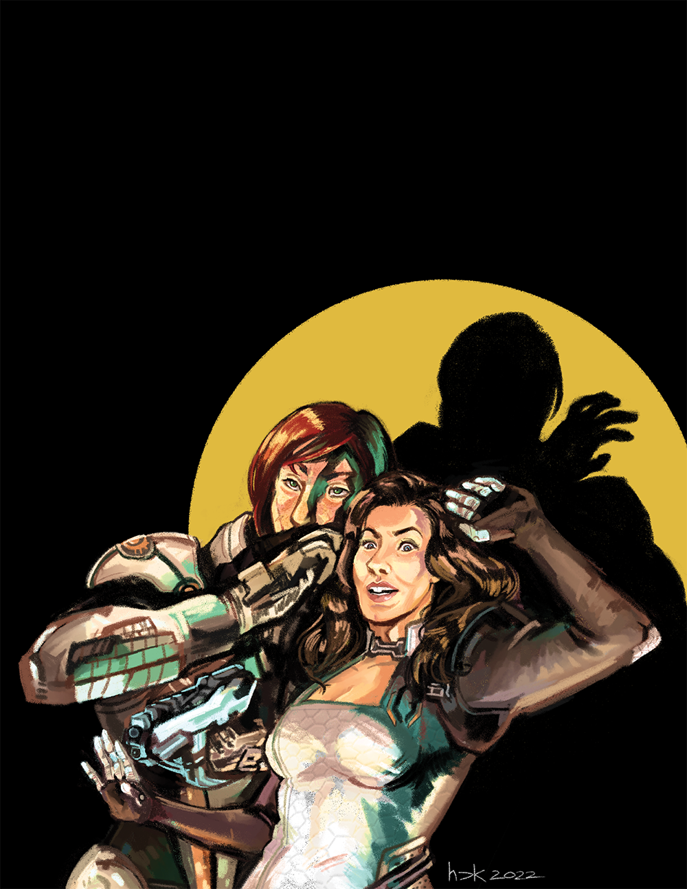 In the pitch black darkness, Miranda Lawson and Commander Shepard pose against the spotlight.