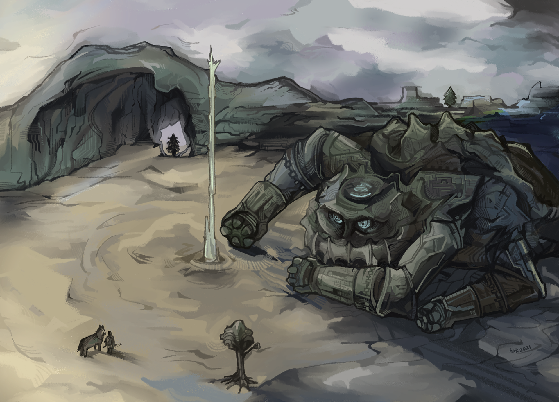 The 9th colossus Basaran tries to poke a gushing geyser