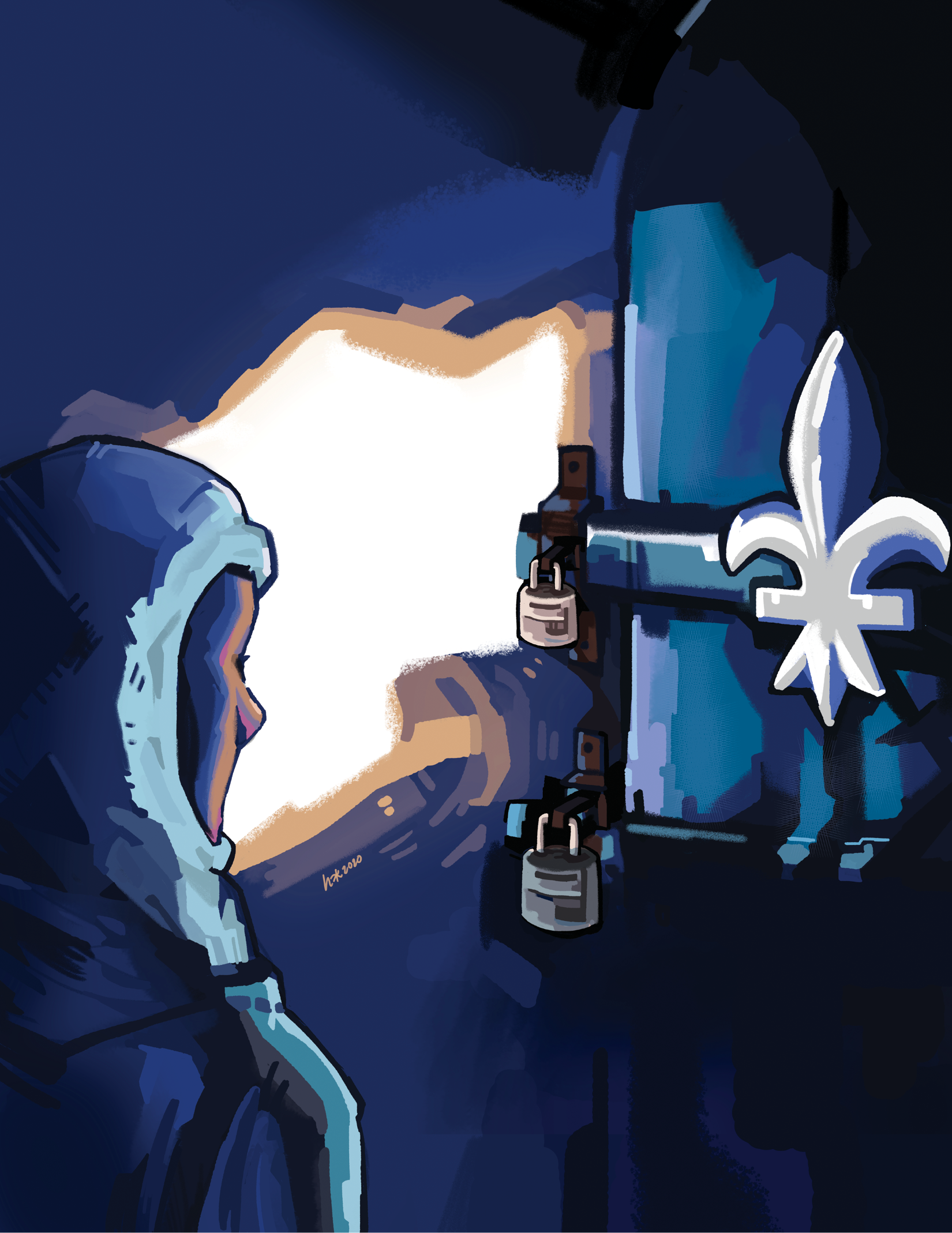 A hijabi looks at a gate with a fleur de lis, locking her from entry